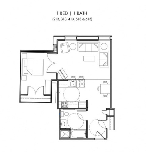 Floor plan for 1 bed, 1 bath, 646 sqft